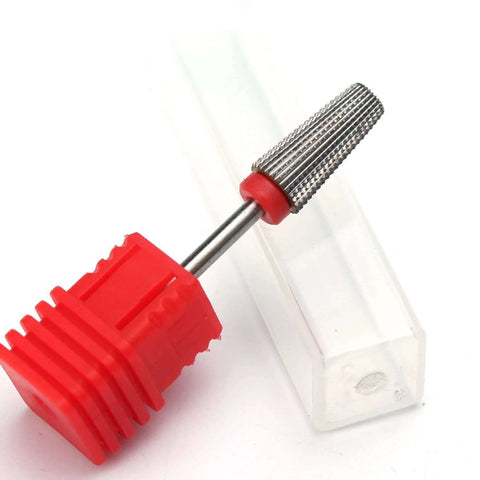 Carbide nail drill bit with 3/32 in shank attached to red plastic grip, side view.