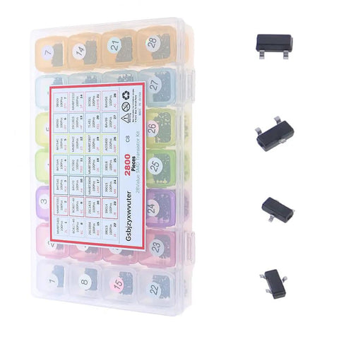 Ultimate 2800-Piece SMD SOT-23 Component Kit With 28-Value Types Including Transistors BJT PNP NPN MOSFETs Schottky And Switching Diodes And Voltage Regulators For DIY Electronics Projects And Pro Builds, shown in organized compartments with sample components
