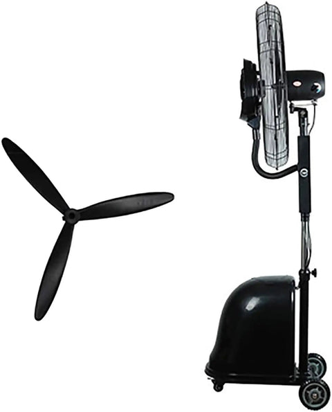 Heavy Duty Floor Misting Fan For Beat The Heat Adjustable Height Oscillating Stand Atomizer with black blades and base.