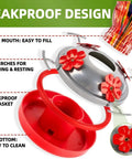 Colorful Hand Blown Glass Hummingbird Feeder For Outdoors Patio Large 32 Ounce With Ant Moat Hanging Hook Rope Cleaning Brush And Service Card Red Firework showing leakproof design and easy-to-clean features