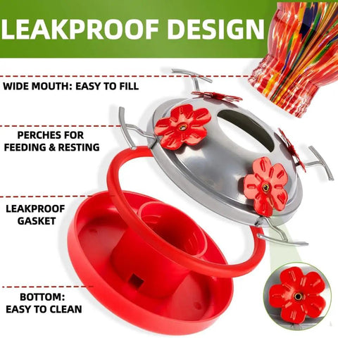 Colorful Hand Blown Glass Hummingbird Feeder For Outdoors Patio Large 32 Ounce With Ant Moat Hanging Hook Rope Cleaning Brush And Service Card Red Firework showing leakproof design and easy-to-clean features