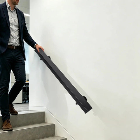 Tough As Nails Flush Wall Mount Handrail Made From Premium Stainless Steel For Secure Indoor Steps in use on stairs.