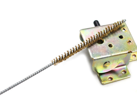 Close-up of Brass Wire Tube Brush Set 6mm Diameter Flexible Cleaner for narrow tubes with metal bracket.