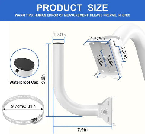 No Sweat Universal Wireless Bridge Bracket For Satellite TV And CPE Antenna Pole Mount With 160 Degree Tilt, product dimensions displayed.