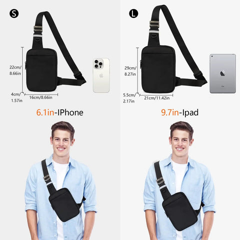 Two models wearing Sling Bag With RFID Blocking, Ultra Lightweight Travel Chest Pack, size comparison with phone and tablet.