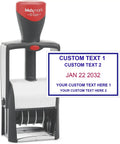 Heavy Hitter Self Inking Date Stamp With Four Line Custom Text Durable Office Essential Featuring Slick Wheel Action And Long Lasting Refillable Pad For No Sweat Paperwork Management And Fast Turnaround image showing custom text and date format.