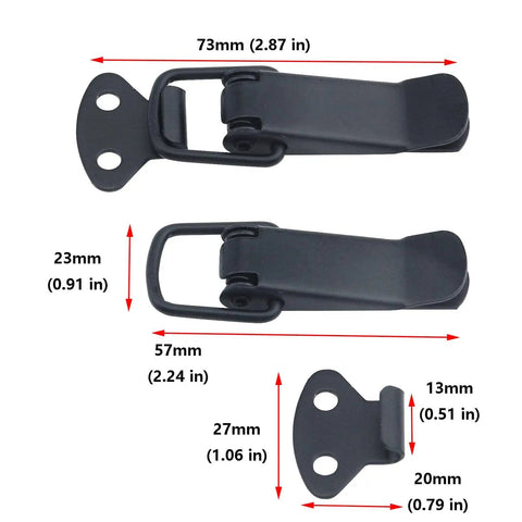 4 Pack Black Stainless Steel Cabinet Latch Hasps With Screws, shown with measurements, side and front view.