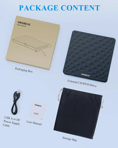 Package contents for External CD DVD Drive For Laptops USB 3 Type C Plug And Play Portable Optical Drive No Driver Required USB Powered 13mm Slim DVD Player Compatible With Windows Mac Linux Travel Friendly, box, cable, manual, bag
