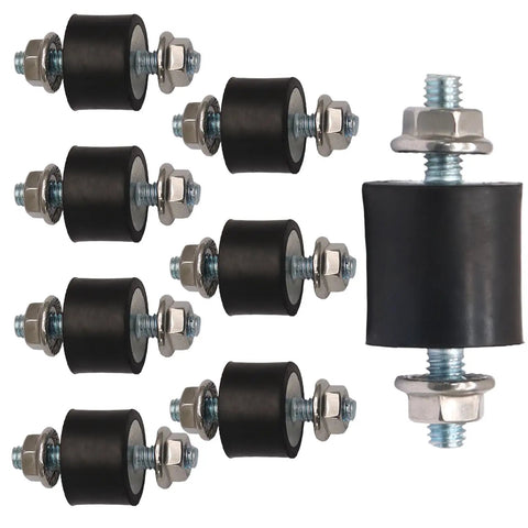 Top Shelf Rubber Vibration Isolator Mounts Eight Piece Kit Featuring M4 X 10mm Threads and 15 X 10mm Base, black rubber mounts with bolts.