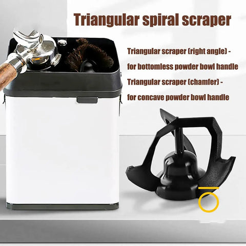 Electric Automatic Coffee Grounds Cleaner For Espresso Portafilter Handles With Built In Brush And Powder Wiper Tool No Sweat Cleanup And Smooth Operator Design For Real Home Baristas Silver showing triangular scrapers for powder bowls.