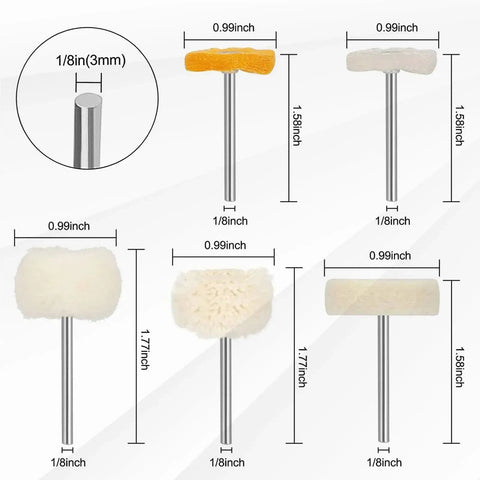 Go To Mini Drill Abrasive Buffing Kit with Nylon Fiber Polishing Wheels, 1/8 inch shank, detailed size dimensions for rotary tools.