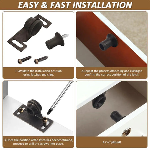 Installation steps for Bulldog Style Cabinet Door Latch With Antique Brown Finish, Right Angle Mount, heavy duty hardware