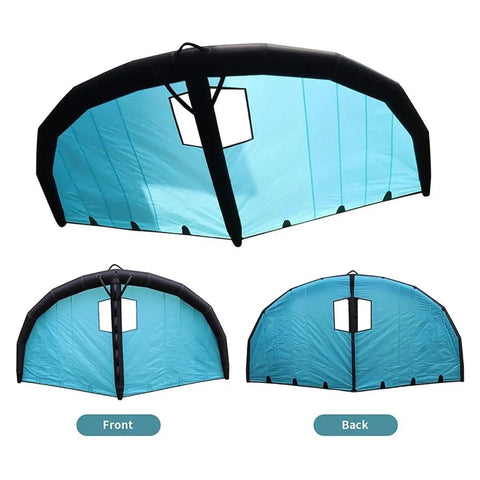 Inflatable Foil Wing For Wind Wing Foiling, 5m2 Handheld Wing With Window Design visible in blue-black color, front and back view.