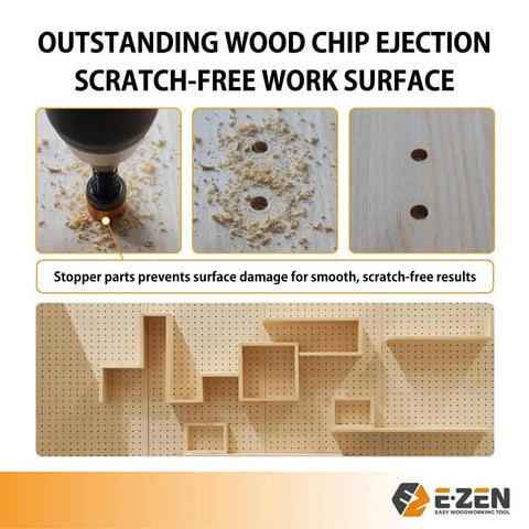 Depth Adjustable Countersink Drill Bit With Tool Free Depth Adjustment And Knurled Lock Collar Set in use showing wood chips and holes