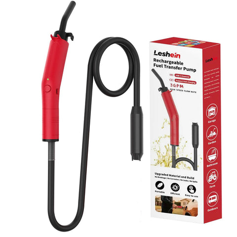 Leshein USB rechargeable fuel transfer pump, red handheld siphon with black hose and nozzle, box included