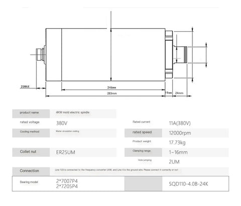 Hardcore 4.0KW Water Cooled Electric Spindle Motor For CNC Machine Tools dimensions and specifications diagram