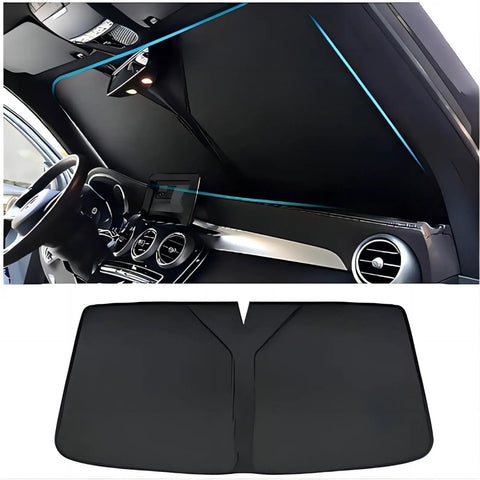 Heavy Duty Windshield Sunshade For Tesla Model 3 Y S X Cybertruck Blocks Scorching Sun And UV Rays, installed view.
