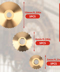 Brass Clock Hand Nuts Set, 15 Pieces, Three Sizes 5mm 6mm 10mm OD displayed on scale, essential spare parts kit.
