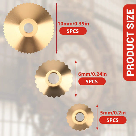 Brass Clock Hand Nuts Set, 15 Pieces, Three Sizes 5mm 6mm 10mm OD displayed on scale, essential spare parts kit.