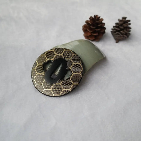 Iron Carved Tsuba Koshirae For Samurai Sword TDH 010 2.95 Inch Guard detail with hexagonal patterns and pinecones