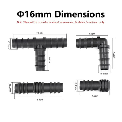 Water Connector Kit For Garden Drip Irrigation, 16mm PE pipe fittings with T and elbow adapters, black plastic