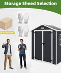 Heavy-Duty Resin Outdoor Storage Shed 6 By 4.4 Ft Yard-Ready Built-To-Last, box, gloves, and people for size reference.