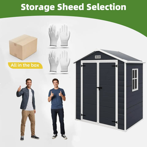 Heavy-Duty Resin Outdoor Storage Shed 6 By 4.4 Ft Yard-Ready Built-To-Last, box, gloves, and people for size reference.