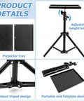 Rugged Heavy Duty Projector Stand Tripod With Adjustable 21 To 44 Inch Pole and 9.8 By 7 Inch Tray, featuring height knob and foldable design.