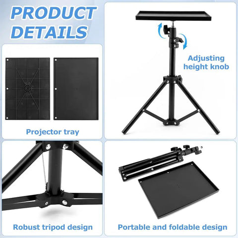 Rugged Heavy Duty Projector Stand Tripod With Adjustable 21 To 44 Inch Pole and 9.8 By 7 Inch Tray, featuring height knob and foldable design.