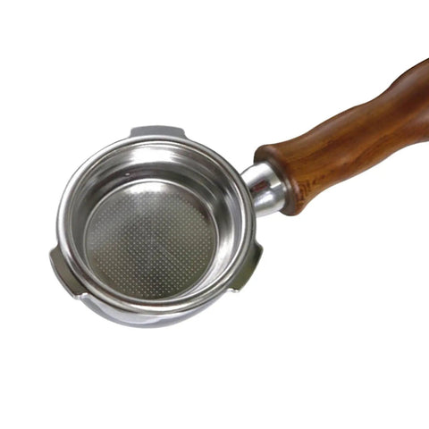 58 Millimeter Bottomless Stainless Steel Filter Holder With Wooden Handle For Home Espresso Machines, Detachable Design, Rust Resistant, Easy To Install, Durable Portafilter Accessory For Rich, Balanced Espresso, top view