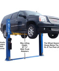 Heavy Duty Two Post Vehicle Lift With Baseplate And Open Top Design For Low Ceiling Garages, 8000 Lb Beefy Load Limit, showing max height and hydraulic cylinders.