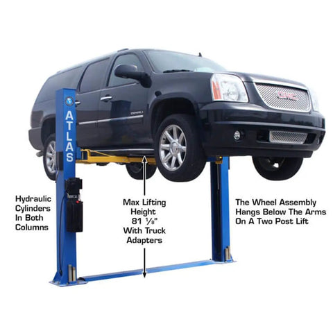 Heavy Duty Two Post Vehicle Lift With Baseplate And Open Top Design For Low Ceiling Garages, 8000 Lb Beefy Load Limit, showing max height and hydraulic cylinders.