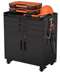 Built Different Rolling Tool Cart Featuring Pegboard Backwall And Secure Latch Doors, Heavy Duty Black Mobile Storage Cabinet with drawers and orange tools.