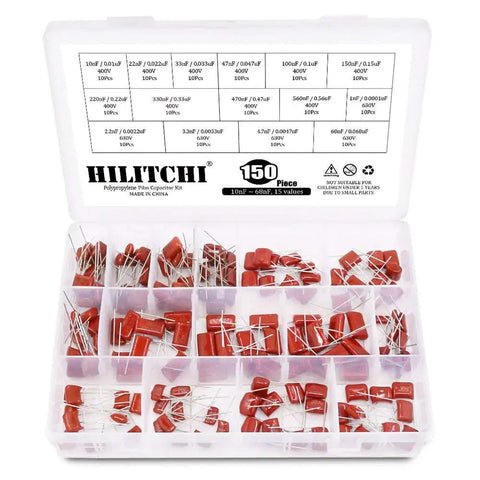 150 Piece CBB Metallized Polypropylene Film Capacitor Kit 400V-630V Range 10nF To 68nF 0.01uF To 0.068uF ±5% Tolerance Red Radial Lead