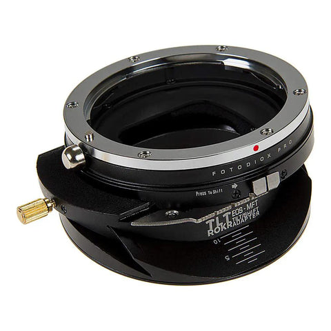 Tilt Shift Lens Adapter for Canon EF EF-S Lenses to Micro Four Thirds Mirrorless Cameras, 20mm Total Shift, 10 Degrees Tilt, 360 Degrees Rotation, Built Tough for Pros and Vintage Lenses black metal adapter with shift scale