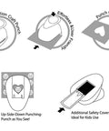 Illustration showing the 3 Inch Scalloped Ellipse Lever Action Craft Punch with features like effortless use and safety cover.