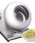 Real Deal Commercial Electric Sugar Coating Machine Heavy Duty Candy Coater Polisher And Chocolate Drum Pan with candy in front.