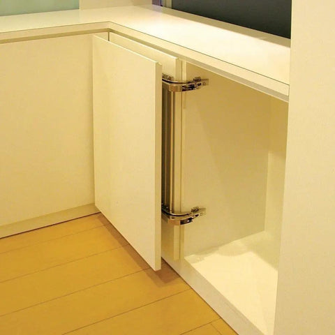 Concealed Lateral Swing Door Hinge Set For Tight Spaces Built Tough Durable Quiet Soft Close Cabinet Hinges Easy To Install Space Saving Sliding Door Hardware For Corner Cabinets, showing installed hinge on corner cabinet.