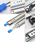 20 Inch Drawer Slides With Lock, Full Extension Ball Bearing Rails shown in close-up details and locking mechanism.