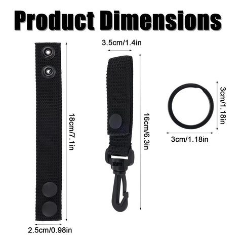 Heavy Duty Nylon Tactical Belt Fasteners With Double Snap Clasps shown with dimensions: 18cm long, 3.5cm wide, key keeper loop included.