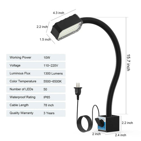 Gooseneck LED Work Light With Magnetic Base, 1300 Lumens, 50 LED Bright Lamp For Lathe And Drill Press, Flexible Arm, 10W 120V