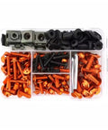 Orange Motorcycle Screw And Nut Kit For CB650R CB500X CB400 CB500 CB650 CB125R CB1000R All In One Dope High Strength Bolt Set With Reusable Fasteners For Easy Maintenance And Reliable Rides, orange and black screws in tray