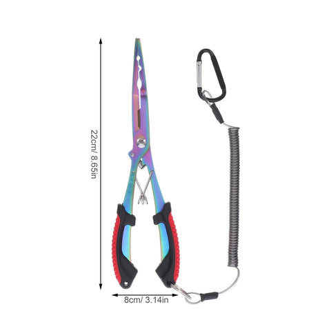 Front view of Toddmomy rainbow stainless steel long-nose fishing pliers with line cutter, hook remover, sheath, lanyard