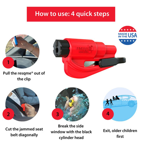 Emergency Keychain Car Escape Tool Pack Of 2, 2-In-1 Seatbelt Cutter And Window Breaker, diagram of usage steps in emergency.