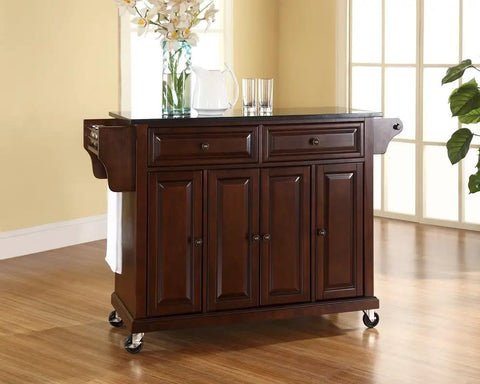 Slick Granite Top Rolling Kitchen Island Cart With Solid Mahogany Frame And Vintage Brass Pulls, spacious storage, black top, rolling design.