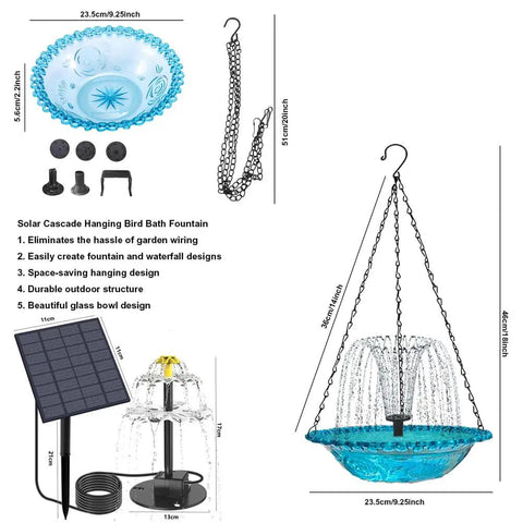 Diagram of Solar Cascade Hanging Bird Bath Fountain with 3 Layer Design For Outdoor Gardens And Ponds 6 Nozzles And 10 Ft Cord