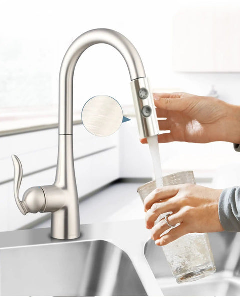 Person using Two Function Kitchen Sink Faucet Sprayer Head With ABS Plastic Brushed Finish G 1/2 Male Connector Stream And Spray Modes