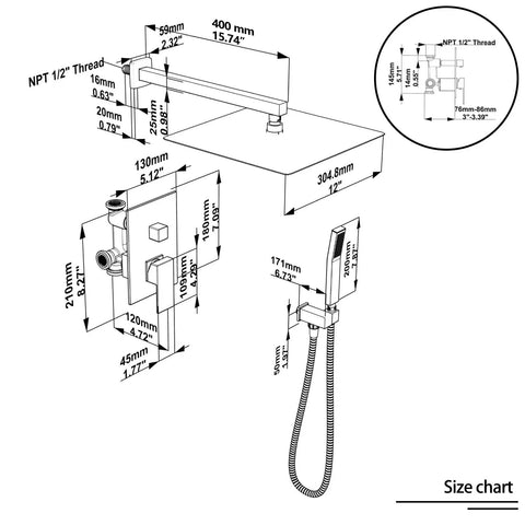 High Pressure Rain Shower System With 12 Inch Rain Head And Handheld Combo For Bathroom Wall Mounted Set With Rough In Valve And Trim Kit In Brushed Nickel size chart