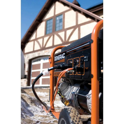 Electric-Start 17500-Watt Gas Portable Generator with Durable Steel Frame OHVI Engine in use outside a house