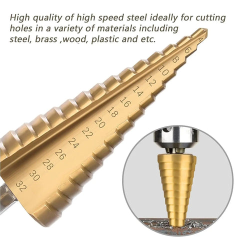 Close-up of 3-Piece Titanium Coated HSS Step Drill Bits Set For Precise Wood And Metal Drilling, High Efficiency And Versatility